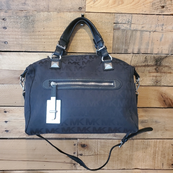 Michael Kors Handbags - Michael Kors Calista satchel in black signature fabric 10" h x 14" w